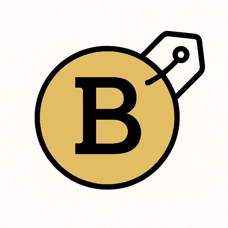 Gold circle with black letter B and a price tag symbolizing branding services