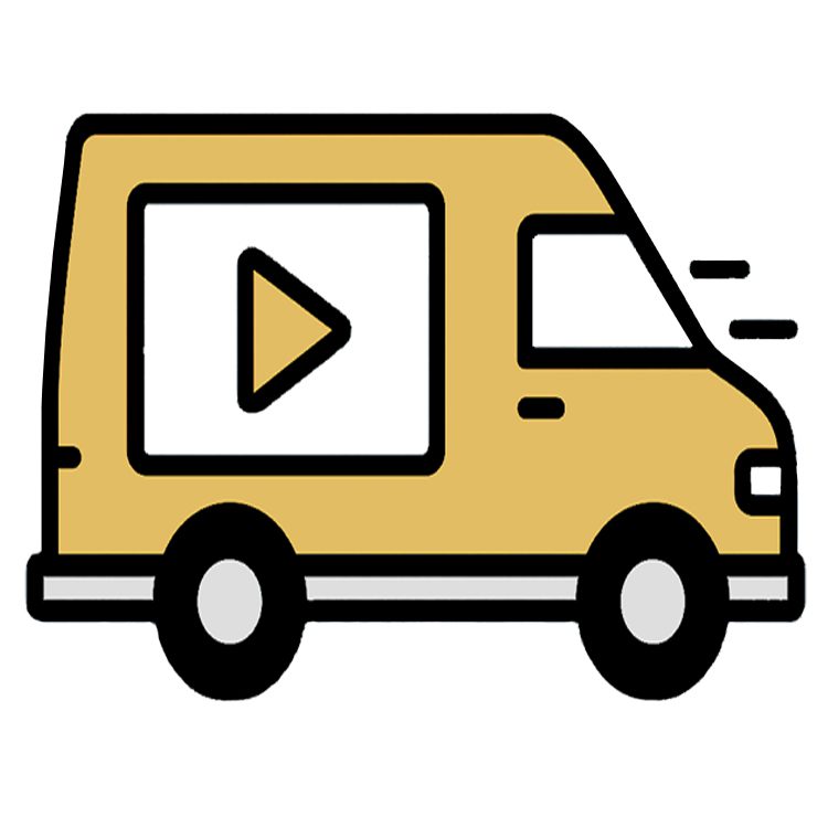 Gold delivery-style van with a video play button representing mobile advertising