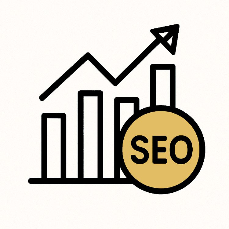 SEO icon with a gold coin overlaying a rising bar graph