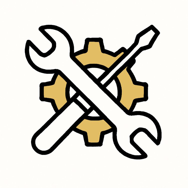 Gold gear with overlapping wrench and screwdriver representing web maintenance