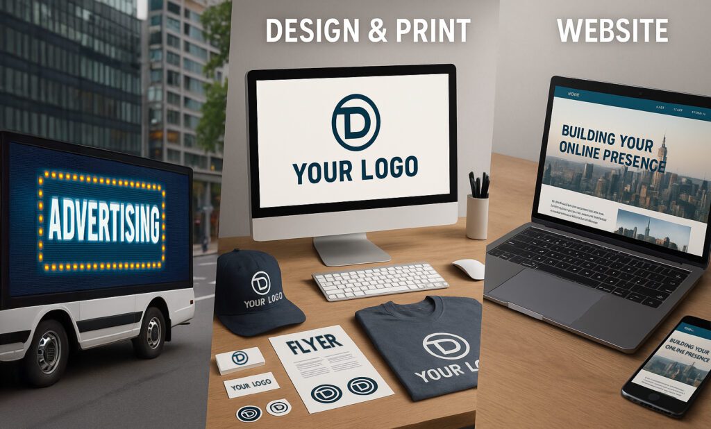 Hero image displaying mobile digital billboard on van, branding design materials with business cards, flyers, and apparel, and a responsive website shown on desktop, tablet, and phone.